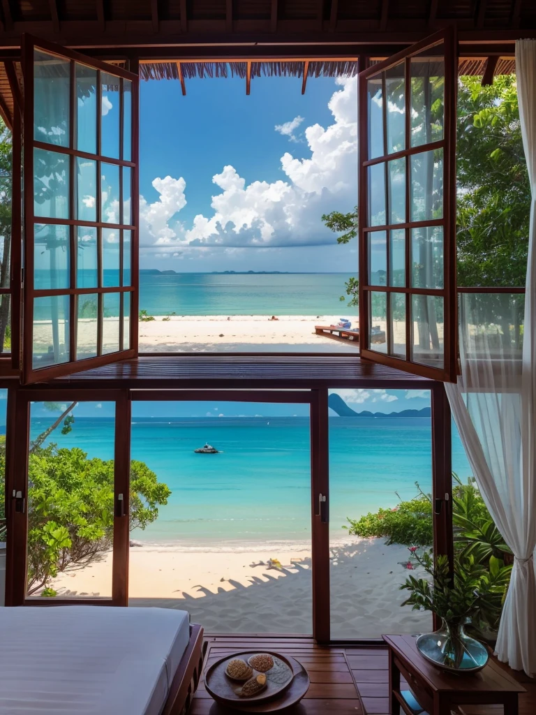 Imagine staying in a Thai-style beach cottage right on the shore, offering breathtaking views of the sunset. This cottage features large, expansive windows that provide an excellent and unobstructed view of the outside. The surroundings are adorned with beautiful, large forest trees, and the beach is covered with white sand. In the distance, a rainbow completes this magical scene.