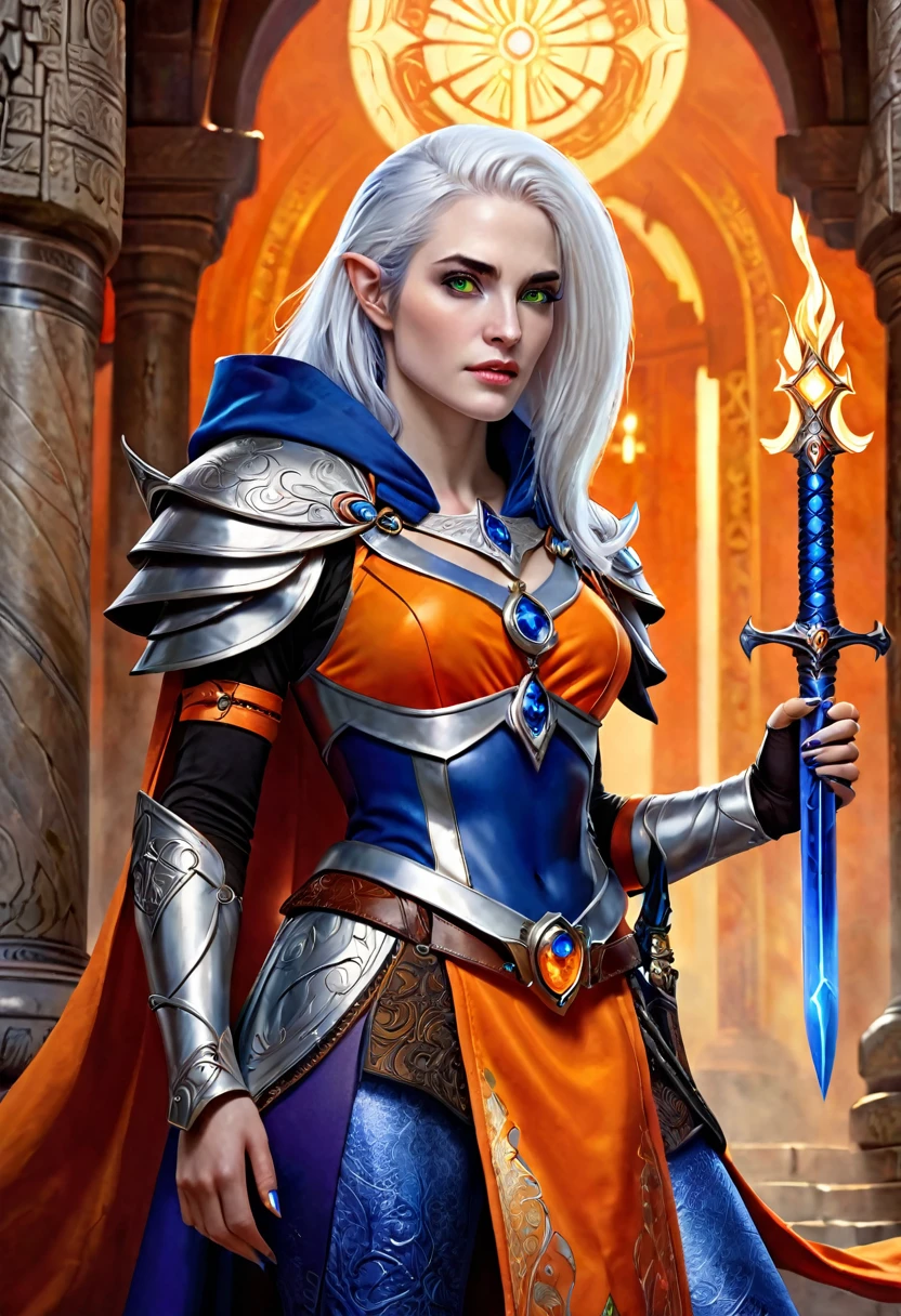 fantasy art, dnd art, RPG art, wide shot, (masterpiece: 1.4) a (portrait: 1.3) intense details, highly detailed, photorealistic, best quality, highres, portrait a female ((blue skin: 1.5)), intense details facial details, exquisite beauty, cleric, ((cobalt blue skin: 1.5)) female, ((white hair: 1.5)), long hair, (((no ears: 1.5))), (green eyes: 1.3), armed with a fiery sword red fire, wearing (twilight priestly combat vestments: 1.5), wearing high heeled laced boots, wearing an (orange cloak:1.3), wearing glowing holy symbol, within fantasy temple background, reflection light, high details, best quality, 16k, [ultra detailed], masterpiece, best quality, (extremely detailed), close up, ultra wide shot, photorealistic, RAW, fantasy art, dnd art, fantasy art, realistic art,((best quality)), ((masterpiece)), (detailed), perfect face, 