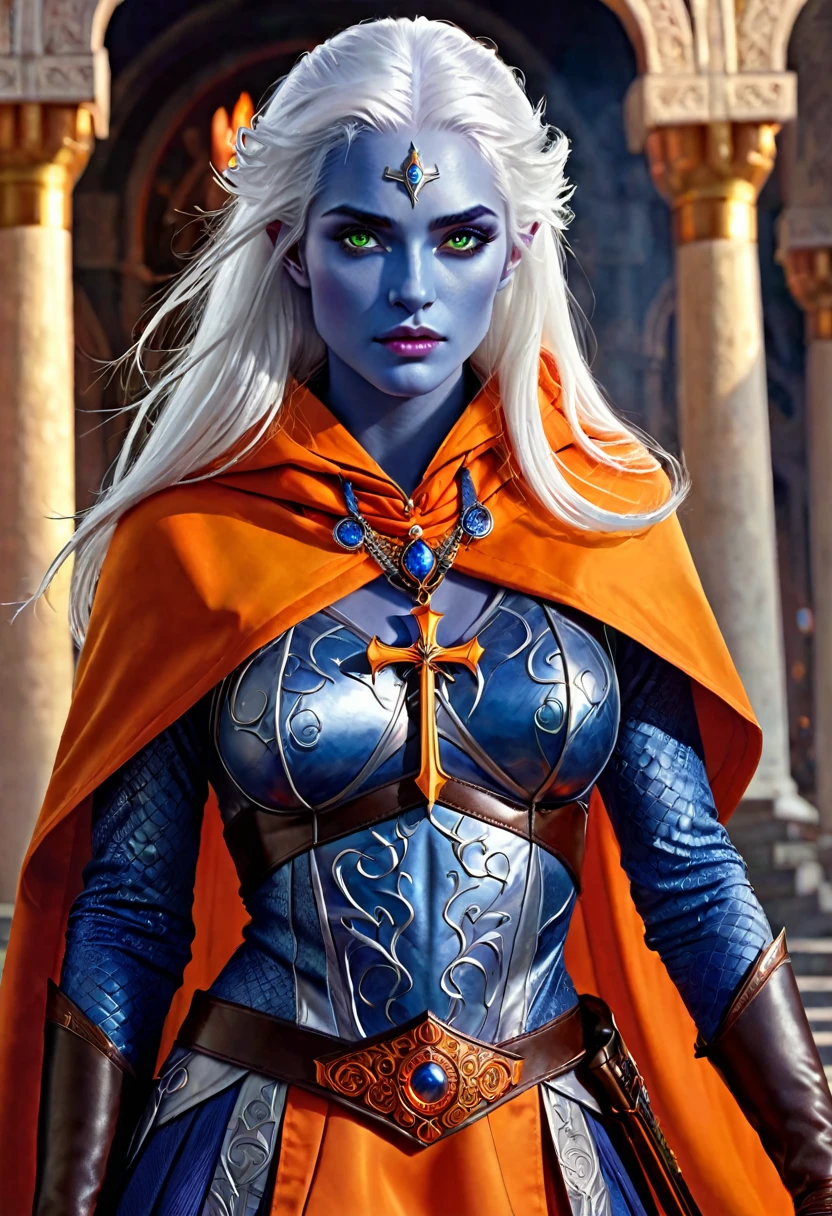 fantasy art, dnd art, RPG art, wide shot, (masterpiece: 1.4) a (portrait: 1.3) intense details, highly detailed, photorealistic, best quality, highres, portrait a female ((blue skin: 1.5)), intense details facial details, exquisite beauty, cleric, ((cobalt blue skin: 1.5)) female, ((white hair: 1.5)), long hair, (((no ears: 1.5))), (green eyes: 1.3), armed with a fiery sword red fire, wearing (twilight priestly combat vestments: 1.5), wearing high heeled laced boots, wearing an (orange cloak:1.3), wearing glowing holy symbol, within fantasy temple background, reflection light, high details, best quality, 16k, [ultra detailed], masterpiece, best quality, (extremely detailed), close up, ultra wide shot, photorealistic, RAW, fantasy art, dnd art, fantasy art, realistic art,((best quality)), ((masterpiece)), (detailed), perfect face, 