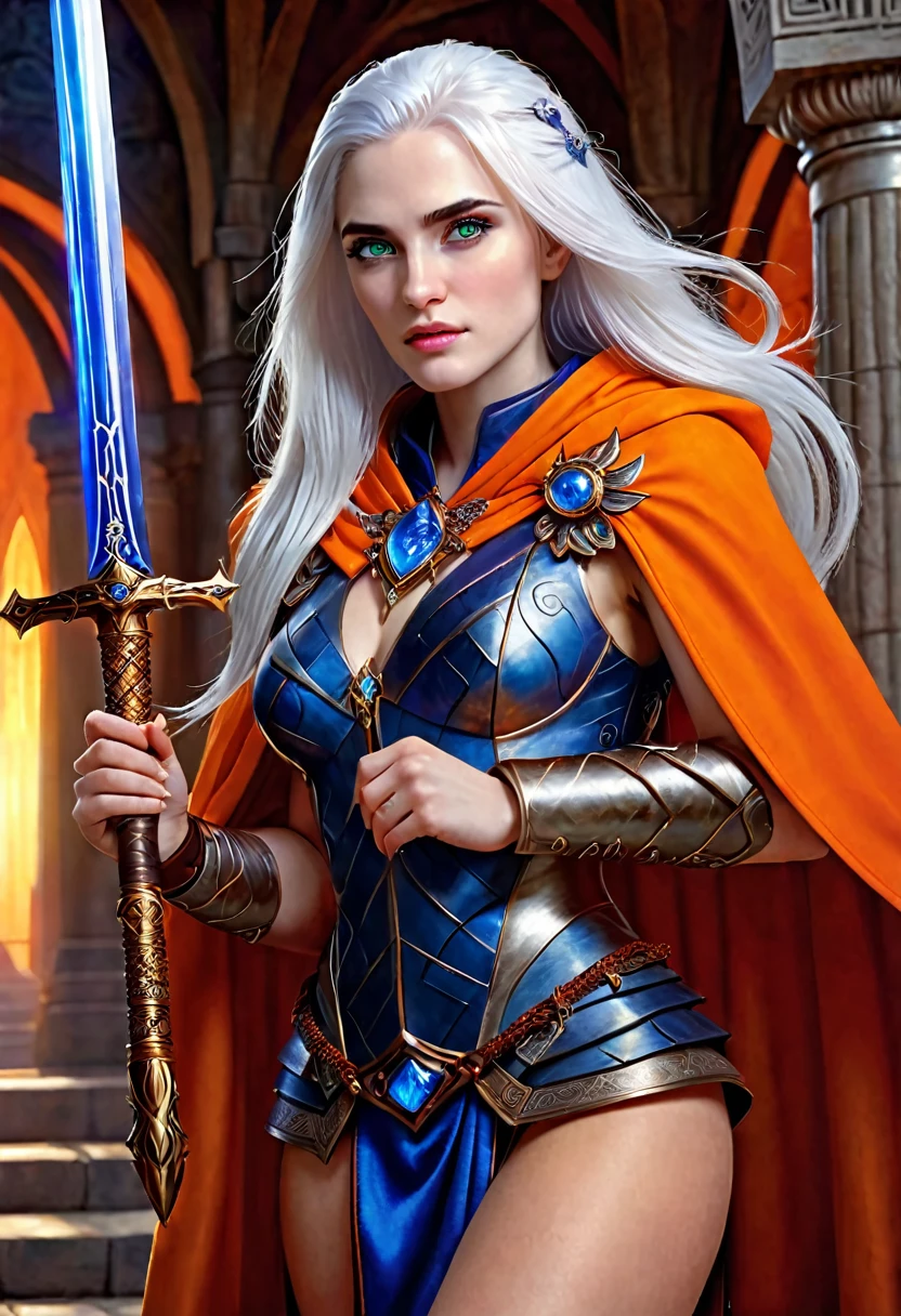 fantasy art, dnd art, RPG art, wide shot, (masterpiece: 1.4) a (portrait: 1.3) intense details, highly detailed, photorealistic, best quality, highres, portrait a female ((blue skin: 1.5)), intense details facial details, exquisite beauty, cleric, ((cobalt blue skin: 1.5)) female, ((white hair: 1.5)), long hair, (((no ears: 1.5))), (green eyes: 1.3), armed with a fiery sword red fire, wearing (twilight priestly combat vestments: 1.5), wearing high heeled laced boots, wearing an (orange cloak:1.3), wearing glowing holy symbol, within fantasy temple background, reflection light, high details, best quality, 16k, [ultra detailed], masterpiece, best quality, (extremely detailed), close up, ultra wide shot, photorealistic, RAW, fantasy art, dnd art, fantasy art, realistic art,((best quality)), ((masterpiece)), (detailed), perfect face, 