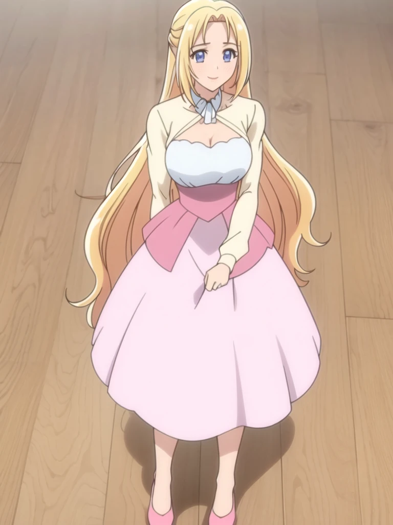 ((Best quality))), ((Ultra-detailed)), ((illustration)), ((Disheveled hair)), ((frilld)), (1 girl), (Solo),1girl, looking_at_viewer, solo, standing, rating:safe, blonde_hair, blue_eyes, breasts, capelet, cleavage, clothes_pull, clothing, dress, female, footwear, high_heels, long_hair, makaria, shoes, skirt, skirt_hold, skirt_lift, skirt_pull, smile, white_dress, pink_footwear, pink_shoes