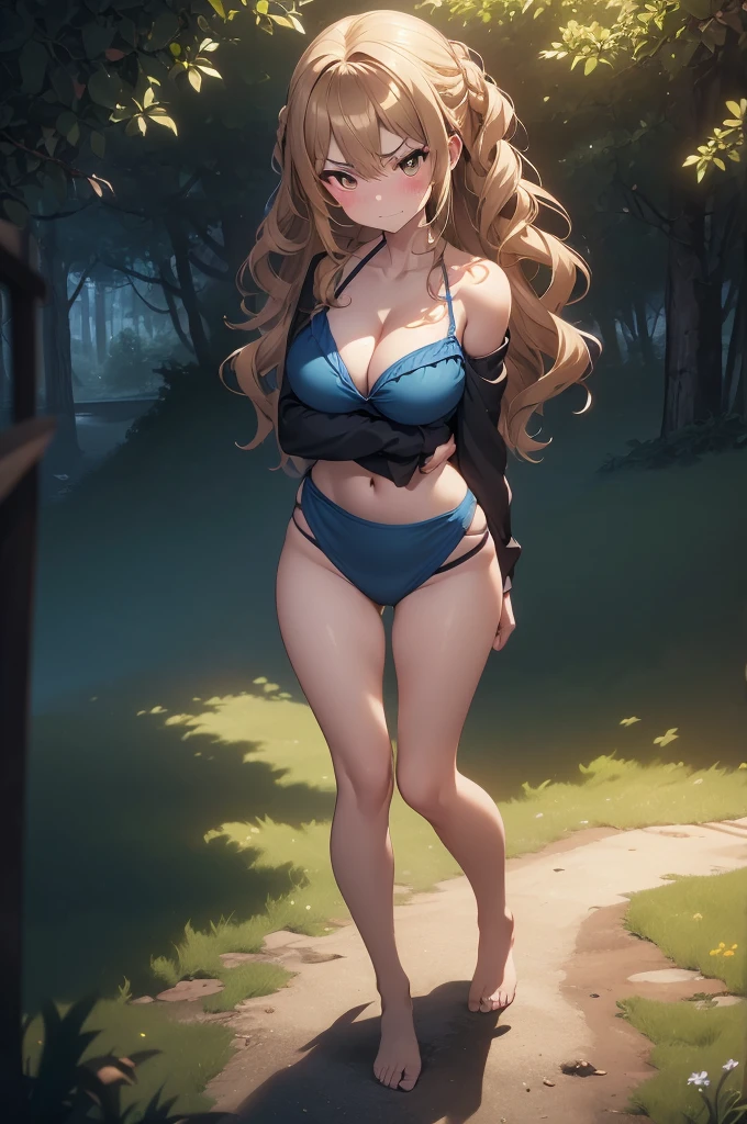 NSFW, 1Woman, ((best quality)), ((masterpiece)), (detailed), beautiful face, (((angry expression))), (defiance512:1.2), (((wavy hairstyle))), (((blue bikini outfit))), (((plain background))), big brown eyes, ((blush cheeks)), evil grin dominant expression, (((standing arms crossed pose))), (((dark-blonde hair colour))), (((boob length hair))), (((bright glowing hypnotic brown eyes))), (((tall skinny figure))), intense seductive gaze, contrasting soft skin, (lighting:1.2), 4:3 aspect ratio, full body, medium-size concealed boobs 