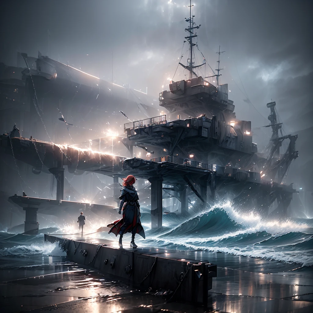 absurd decision, A high resolution, (masterpiece: 1.4), hyperdetailing, weapons testing site on an empty dock by the sea, 1 young woman, short red hair, Soldier Costume, very serious expression, detailed eyes, Detailed lips, detailed face, Long eyelashes, sandy and industrial texture, metal and concrete materials, advanced military equipment, scattered garbage, tense atmosphere, dramatic lighting, dark colors, Realistic style, gray-blue color palette, reflections on the water, foggy atmosphere, Strong shadows, dynamic composition, Tension in the air, waves crash on the pier, Isolated place, Loneliness, Powerful presence, Hollywood cinematic style