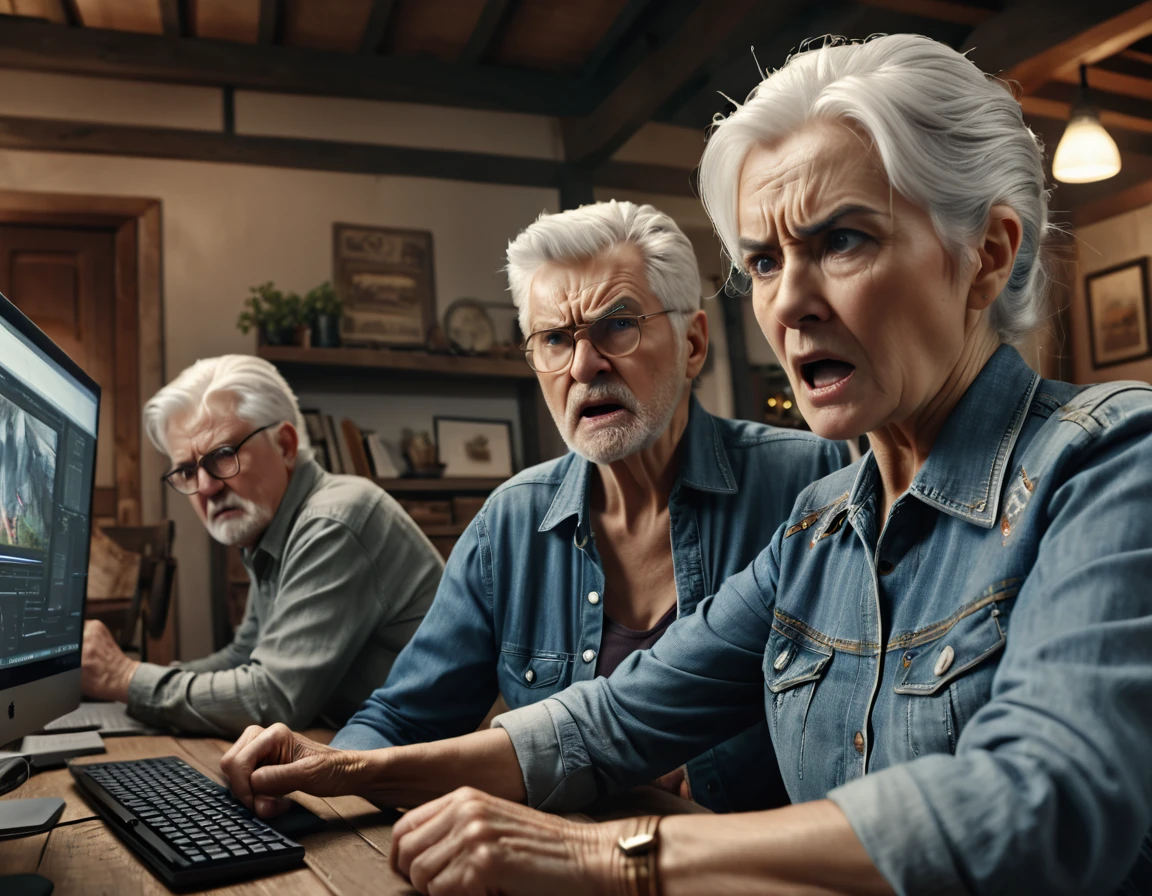 3 elderly people pointing at a computer in an lanhouse, grey hair, white hair, angry, annoyed, diagram, cowboy shot, wide shot, cinematic lighting, depth of field, 8k, best quality, award winning, high details, super detail, textured skin, anatomically correct, accurate, masterpiece, retina, UHD