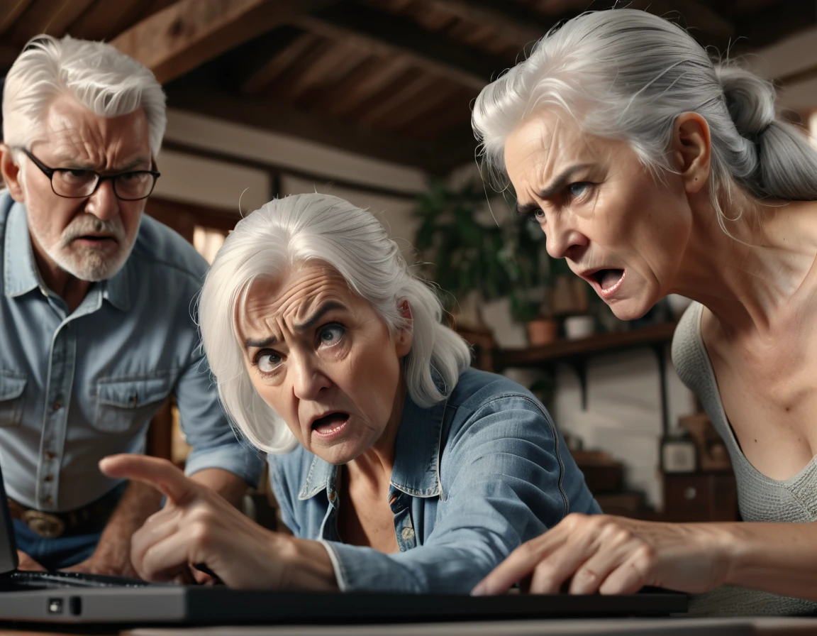 3 elderly people pointing at a computer in an lanhouse, grey hair, white hair, angry, annoyed, diagram, cowboy shot, wide shot, cinematic lighting, depth of field, 8k, best quality, award winning, high details, super detail, textured skin, anatomically correct, accurate, masterpiece, retina, UHD