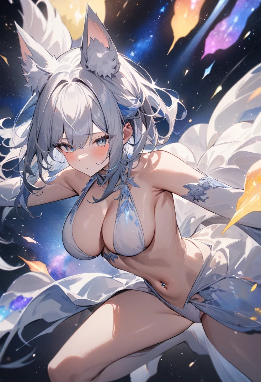 nsfw,(space action style), (Muted Tone), Delicate, Detail, Masterpiece,(colorful) illustration,(colorful) light particles, lens flare, 1girl, big breats,navel piercing,sideboob,shoulders,cleavage,sideless,thighs,Cowboy shot, close-up,from above, dynamic angle, dynamic pose, Artistic, memorable masterpieces, moments in history,(fantastical and mesmerizing scenery)
Watercolor:1.6, Delicate, Detail, (masterpiece:1.2),(best quality:1.2),newest,intricate details, fox ears, ear hair