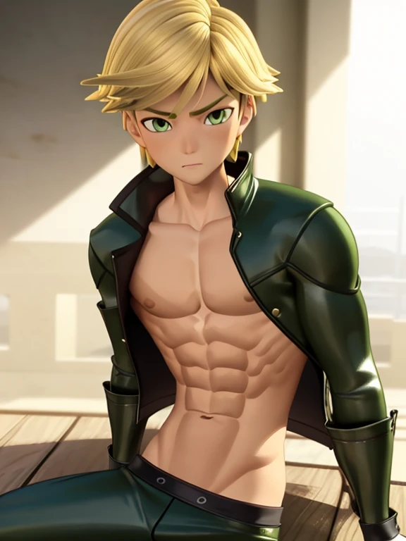 8k, RAW, Masterpiece, Best quality at best, Best Quality, high quality, high detailed, boy, 1boy,(blonde hair,) (green eyes,) chiseled abs, chiseled pecs, jacket, (masterpiece, 3D anime style, more detail, ultra detail), adult boy, sitting, side view,
