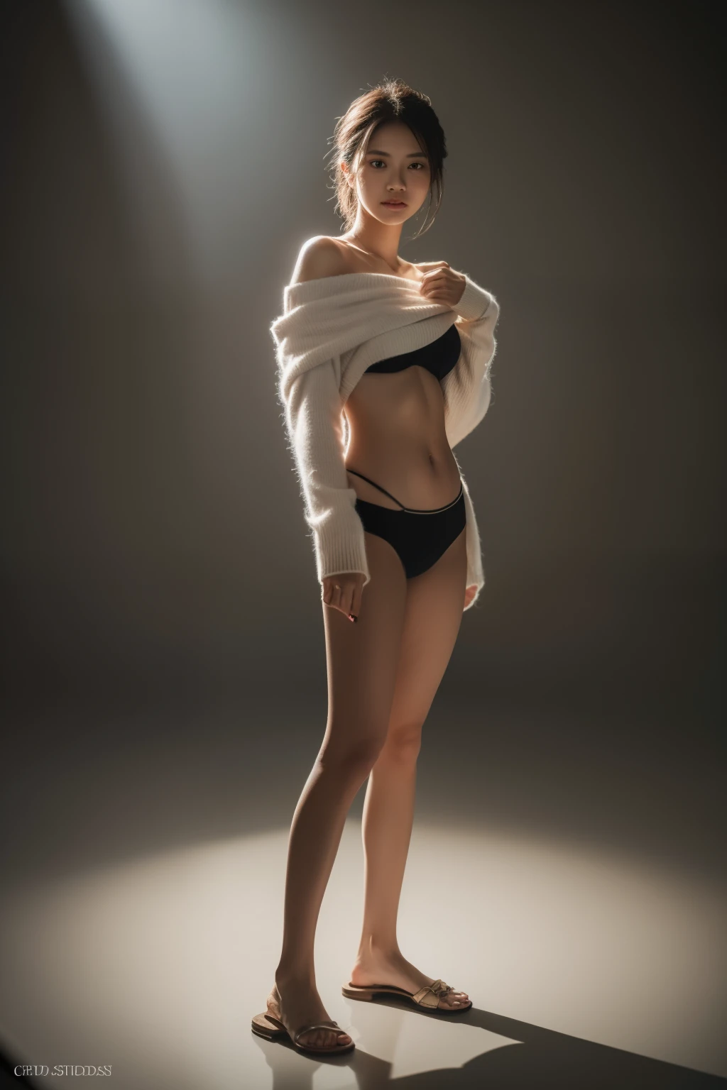 asian lady, She is wearing a soft white sweater relaxed neckline that casually ((drapes off one shoulder)), exposing slender shoulders with black bra trap, highlighted by the rays of light creating a radiant effect on her skin. , mid-shot , light rays, warm atmosphere , light through hair, ((mid-shot, full body, slender waist)), Hair Up Do、 Glowing eyes, nose blush, Carl Larsson, Alfonse Mucha, Chiaroscuro, Film Glenn, reflective light, (((long-Shot))), knee to top,longshot show (((full body))), masterpiece, high details, ((gray background, studio light ))