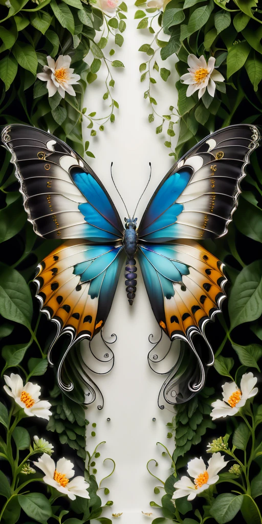 A high-resolution (symmetry image) of (a giant butterfly:1.5), exclusively in ((black and white colors):1.8), with intricately detailed (feathery wings:2). The butterfly’s wings have delicate, creating a striking monochromatic contrast. The background is filled with a lush arrangement of flowers in various stages of bloom, green leaves, and intertwining vines. The natural elements provide a vivid, colorful setting that enhances the dramatic black and white butterfly. The scene is brightly lit, highlighting the textures and details of the butterfly’s wings and the surrounding foliage.
