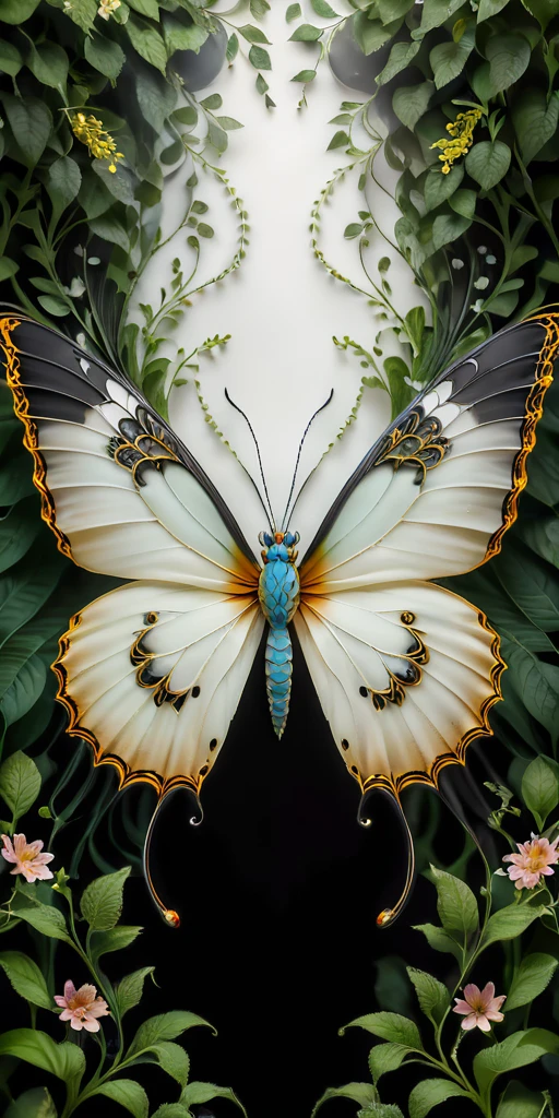 A high-resolution (symmetry image) of (a giant butterfly:1.5), exclusively in ((black and white colors):1.8), with intricately detailed (feathery wings:2). The butterfly’s wings have delicate, creating a striking monochromatic contrast. The background is filled with a lush arrangement of flowers in various stages of bloom, green leaves, and intertwining vines. The natural elements provide a vivid, colorful setting that enhances the dramatic black and white butterfly. The scene is brightly lit, highlighting the textures and details of the butterfly’s wings and the surrounding foliage.