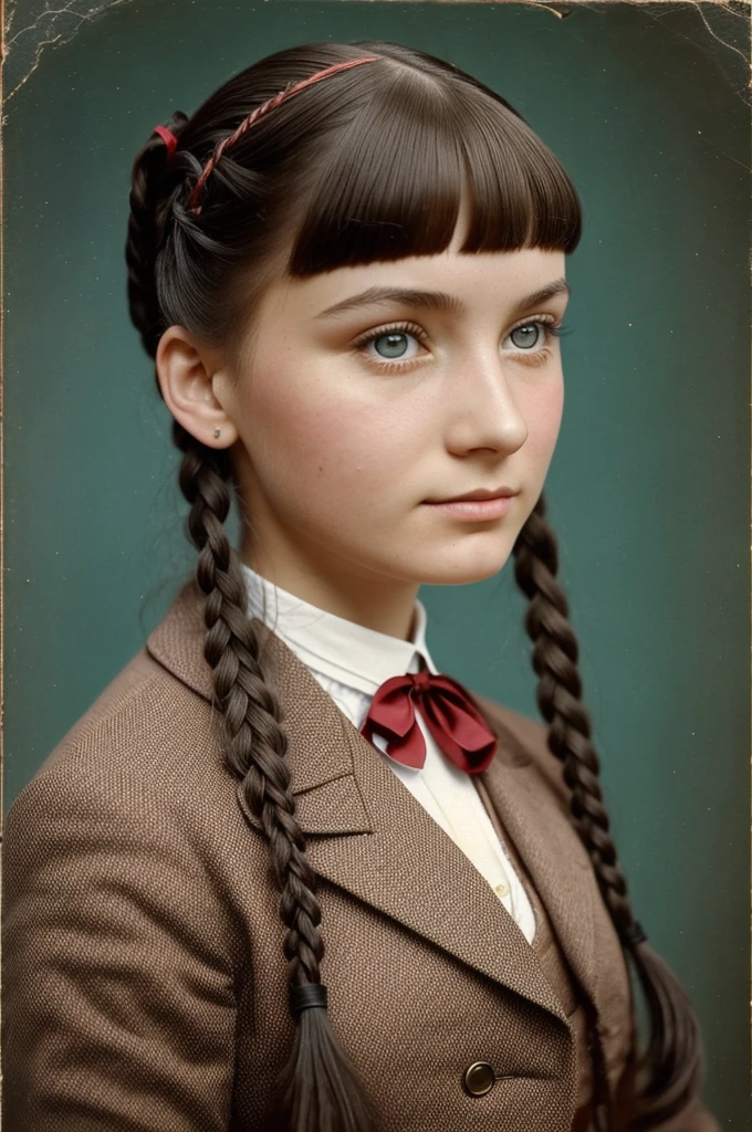 very beautiful girl, Russian, 18 years, in college uniform, from the Institute of Noble Maidens, Hair braided in a pigtail, Have bangs, 19th century, "color photography"