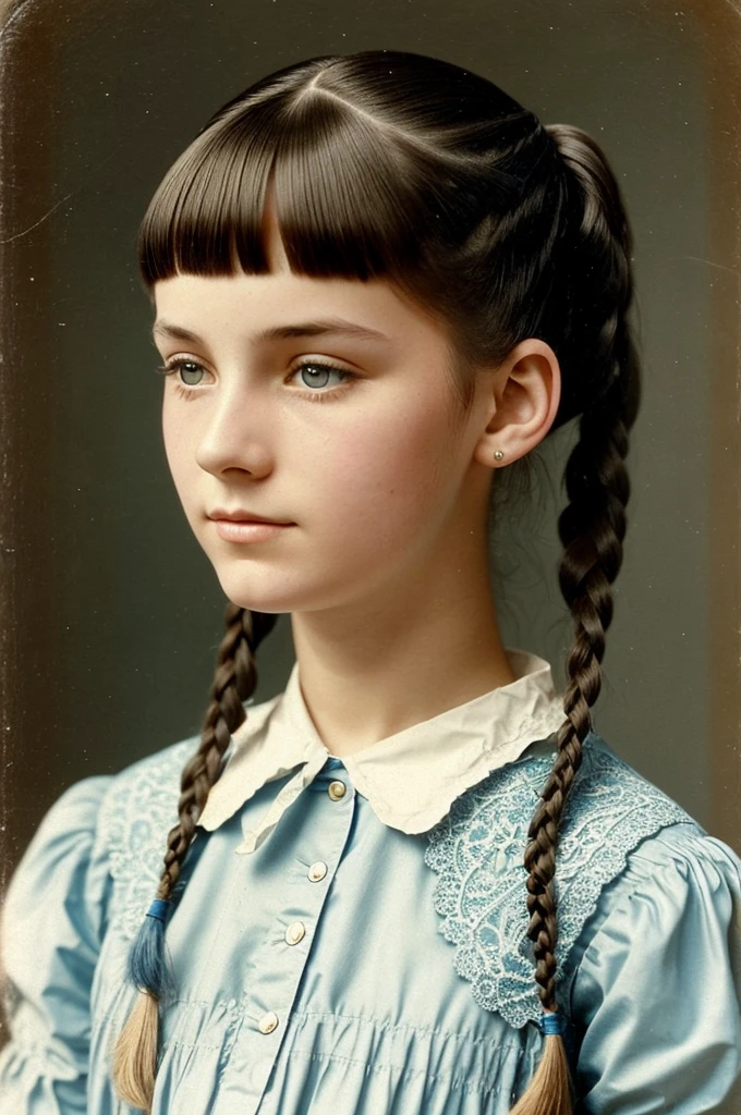 very beautiful girl, Russian, 18 years, in college uniform, from the Institute of Noble Maidens, Hair braided in a pigtail, Have bangs, 19th century, "color photography"