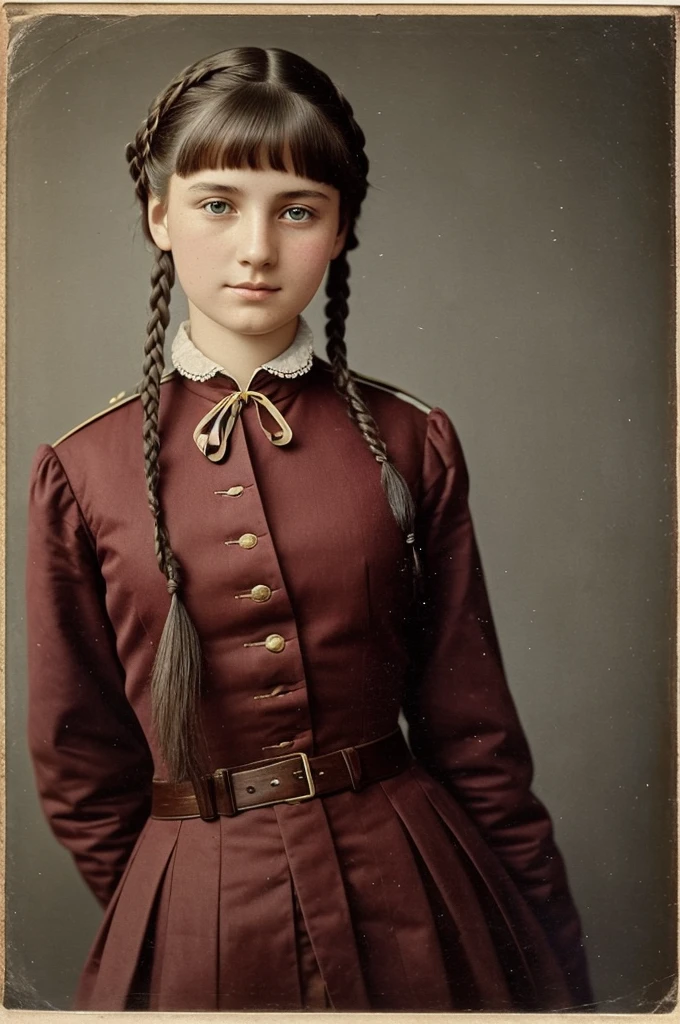 very beautiful girl, Russian, 18 years, in college uniform, from the Institute of Noble Maidens, Hair braided in a pigtail, Have bangs, 19th century, "color photography"