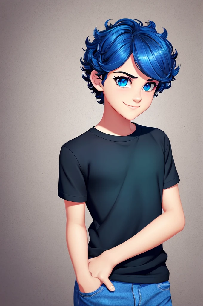 Masterpiece, best quality, 1boy, solo, male, ager, boy, 16 yep blue hair, cute, tall, handsome, perfect face, deep blue eyes, curly hair style, oval shaped eyes, green eyes, clever eyes, shiny eyes, small nose, feminine lips, detailed face, standing, confirmed pose, half smiling, wearing black shirt, tight black shirt, sleeves up, half body,portrait style,looking at viewer, city in background, light and shadow, Disney style, miraculous ladybug style, digital painting, zagtoon style