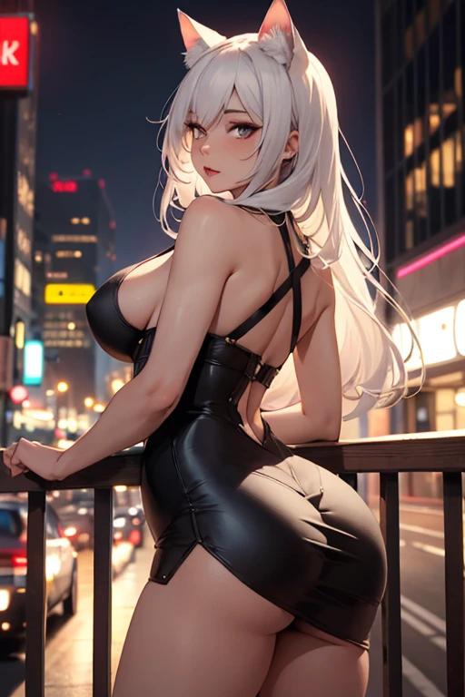 masterpiece, best quality, shadows, perfect hands, perfect legs, perfect anatomy, pretty face, mature features, 1 girl, 21 years old, mature woman, cat girl, sexy black dress, city night background, white long hair, thighs, ass, breast, seductive, spicy, posing, cinematography lights,