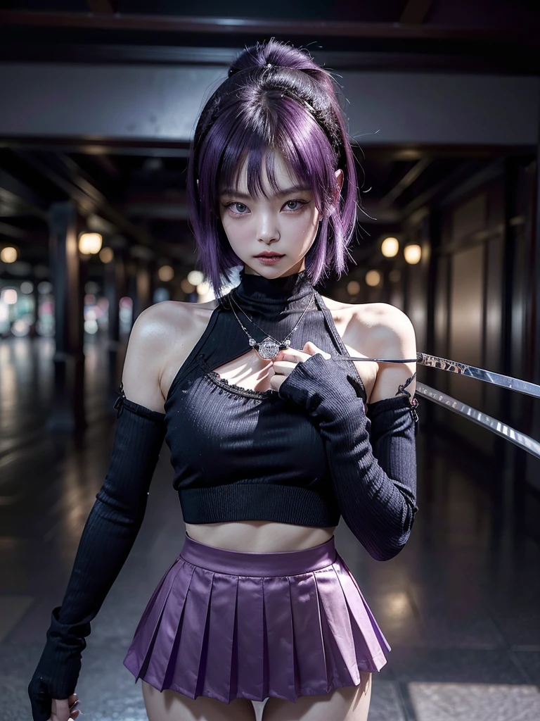 (8K, Top quality, Intricate details, Ultra detail, Ultra-high resolution, Masterpiece), full bodyesbian, 1girll, solo, 1 girl, ((Random angles)), ((Small beauty hard )),, ((Tall girl, Skinny, Slim, Tall and lean)), (((fit body))), (((Slim face))), sharpy face, Sharp eyes, (((skyblue hair, Long hair, bangs)) Small lips, Long hair, ((Sexy samurai, mitts, short skirt, Holding a katana)), Detailed face, detailed breast, Beautiful girl with accentuated slender abs: 1.4, sixpack abs: 1.4, Bust Botox, Big, Perfect body, Detail legs, Background: Simple gray walls,Deep shadows,masterpiece, top-quality, ((1womanl)), different purple color, finely eye and detailed face, intricate detailes, Casual black and purple attire, window, A smile, Happiness, tenderness, high-level image quality、selfee, Beautuful Women、tall、a small face, D-cups, The upper part of the body、nightfall, nighttime scene、𝓡𝓸𝓶𝓪𝓷𝓽𝓲𝓬、Korea person, Idol Photos, Model photo, k pop, Professional Photos, Vampires, Korean fashion in black and purple, Fedoman with necklace, inspired by Sim Sa-jeong, androgynous vampire, :9 detailed face: 8, extra detailed face, detailed punk hair, ((eyes are deialed)) baggy eyes, Seductive. Highly detailed, semi realistic anime, Vampires, hyperrealistic , Delicate androgynous princess, imvu, ((short hair woman)), purple hair woman with wild look, ((Woman with short purple hair)), ((1 persons)), blackpink jennie