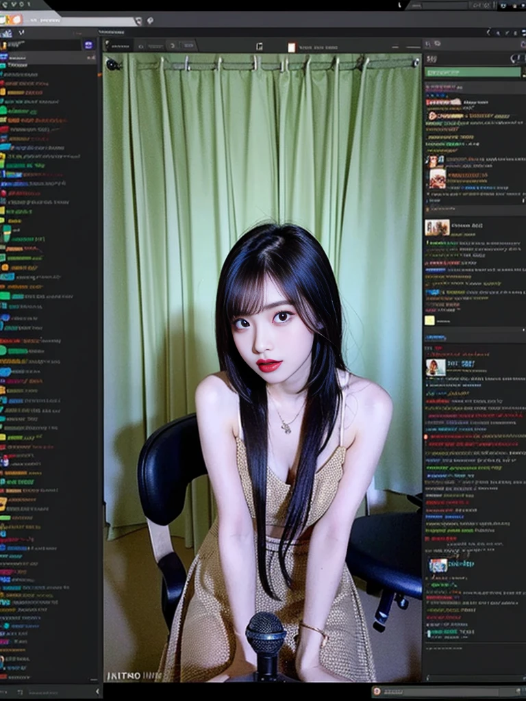 (Bird-eye perspective : 1.5), (((SFW : 1.2))), (intricate details:1.2), (masterpiece:1.3), (top quality:1.4), (Ultra A high resolution:1.2), 8K resolution, dark, (high quality), A woman is filming a Twitch broadcast, enjoying, korean, 23 years old, fairly slim body, femme fatale makeup, slim waist, her legs is slim and beautiful, fan service, hair turned to one side, bang, she being weared feminine dress, pantyhose in skirt, Personal broadcast interface screen, BJ, female Cam, on a private broadcast., Shooting equipment, various props, a Girl's Room for personal photography purposes, sitting in a chair at the computer desk, cowboy shot, her gaze looking downward, she is talking funny with you, interesting reaction poses, microphone on a desk, Chat communication with viewers, Show chat log, Show viewers list, twitchchat, blackout curtain, indirect light, language is Korean, 