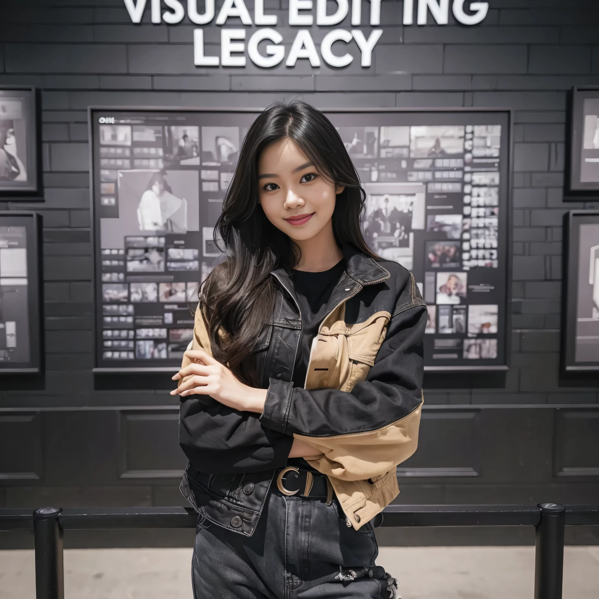 an Indonesian woman with long hair standing in front of a wall of says "VISUAL EDITING LEGACY", she is wearing black streetwear, black and beige denim jacket and pants that says "VEL", museum photoshot, her is smilling, random artist, leaked image, crossed arm, candid pose, Taken using Sony Alpha α7CR full-frame, photorealistic, UHD 1536px, high quality photo.