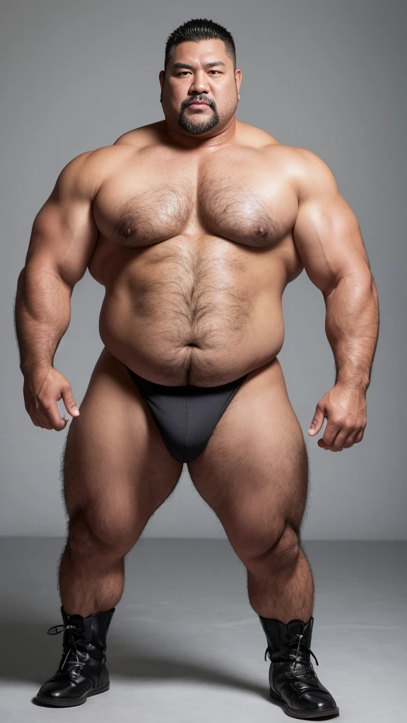 black hair, middle-aged man, individual, male, Muscular wrestler, muscular, Stout wrestler, Asian, Japanese, uncle, 55 year old middle-aged man, short hair, short hair, red wrestling boots, full body portrait, shadow, Vision, red briefs, obesity, 45 years old, short beard, middle-aged man, tattoo, fingerless gloves, Wheat skin, shiny skin, dark skin, Show your pectoral muscles, sumo wrestler, bodybuilder, wide temples, Visible abdominal muscles, Smile, Fine hands, solid color background, pure white background, Surrealism, Panorama, 8k, super detail，