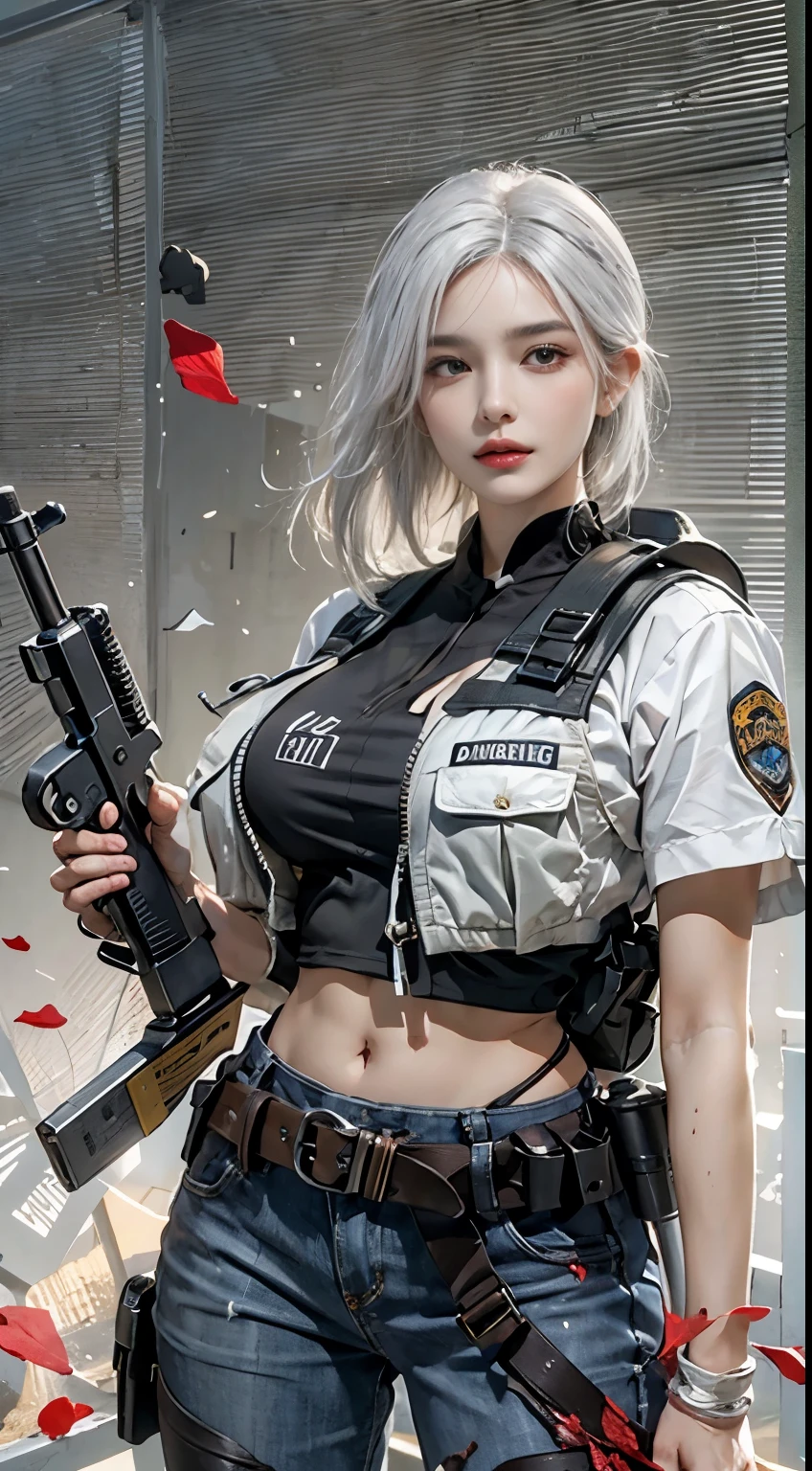 Photorealistic, high resolution, 1womanl, Solo, Hips up, view the viewer, (Detailed face), White hair, SWAT vests, Gun, jewelry, blood splashed