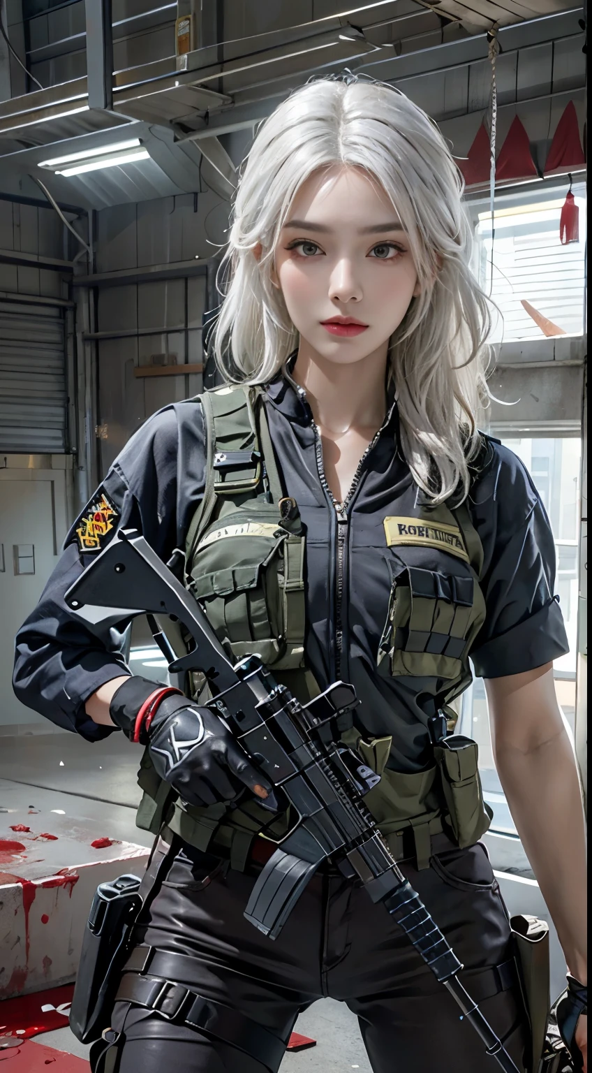 Photorealistic, high resolution, 1womanl, Solo, Hips up, view the viewer, (Detailed face), White hair, SWAT vests, Gun, jewelry, blood splashed