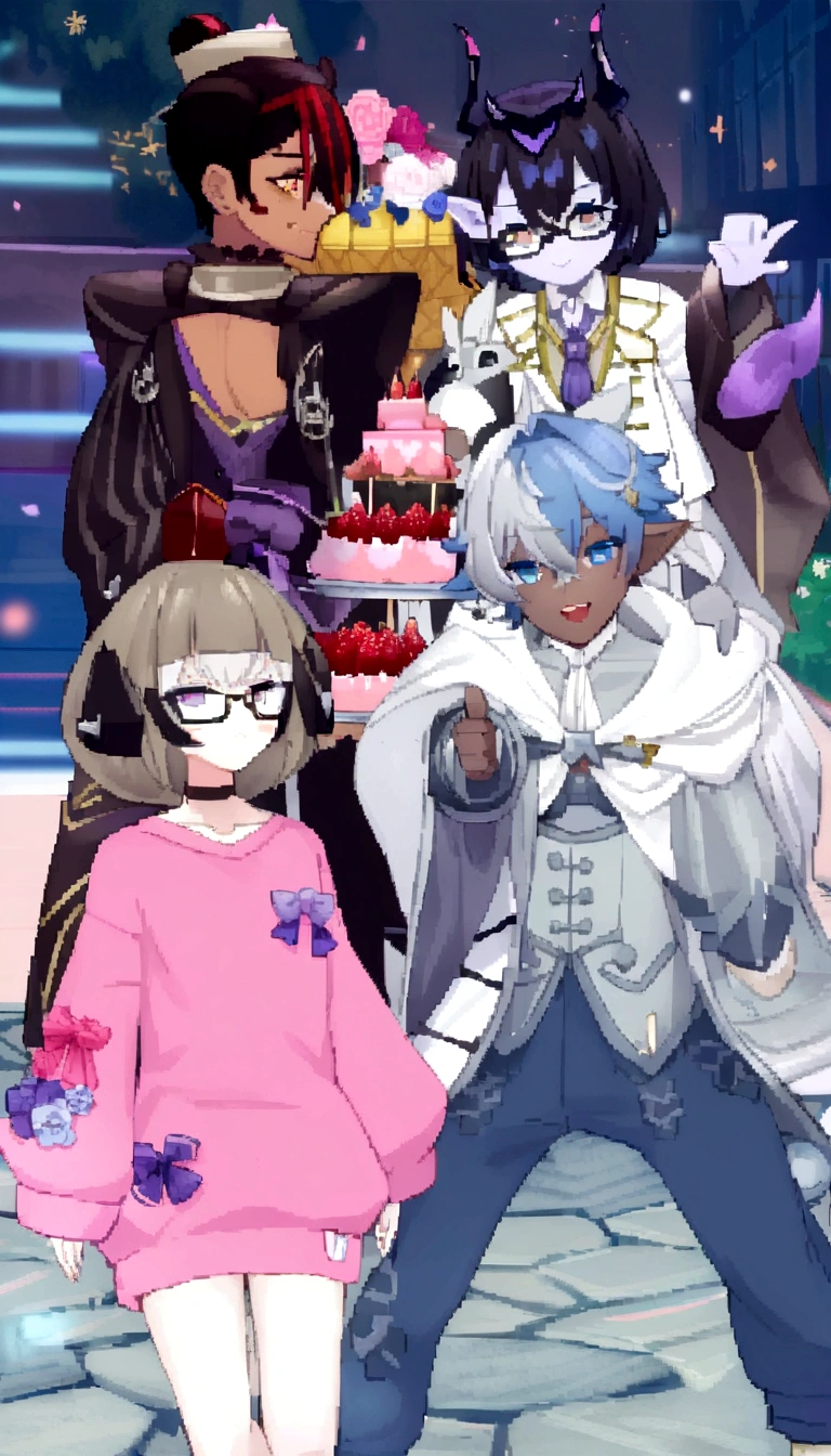 anime characters dressed in costumes and holding a cake, jrpg fashion, ((wearing aristocrat robe)), medium shot of two characters, wearing fancy clothes, lunar themed attire, 8k!, dapper dream demon, kda and sam yang, live2d virtual youtuber model, style of ssss.gridman (2018), from arknights