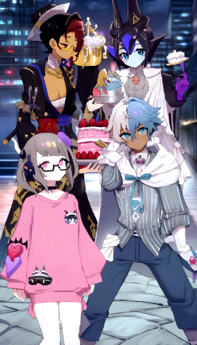 anime characters dressed in costumes and holding a cake, jrpg fashion, ((wearing aristocrat robe)), medium shot of two characters, wearing fancy clothes, lunar themed attire, 8k!, dapper dream demon, kda and sam yang, live2d virtual youtuber model, style of ssss.gridman (2018), from arknights