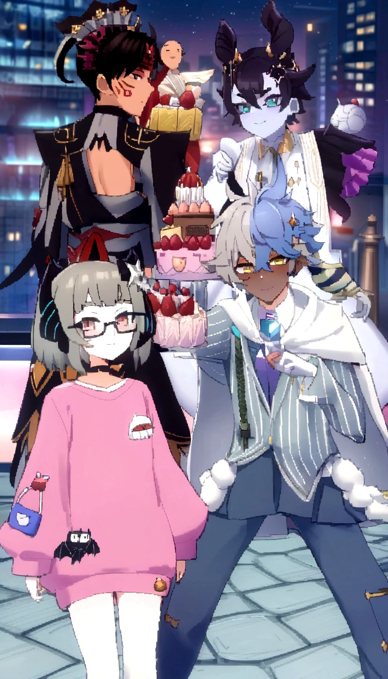 anime characters dressed in costumes and holding a cake, jrpg fashion, ((wearing aristocrat robe)), medium shot of two characters, wearing fancy clothes, lunar themed attire, 8k!, dapper dream demon, kda and sam yang, live2d virtual youtuber model, style of ssss.gridman (2018), from arknights