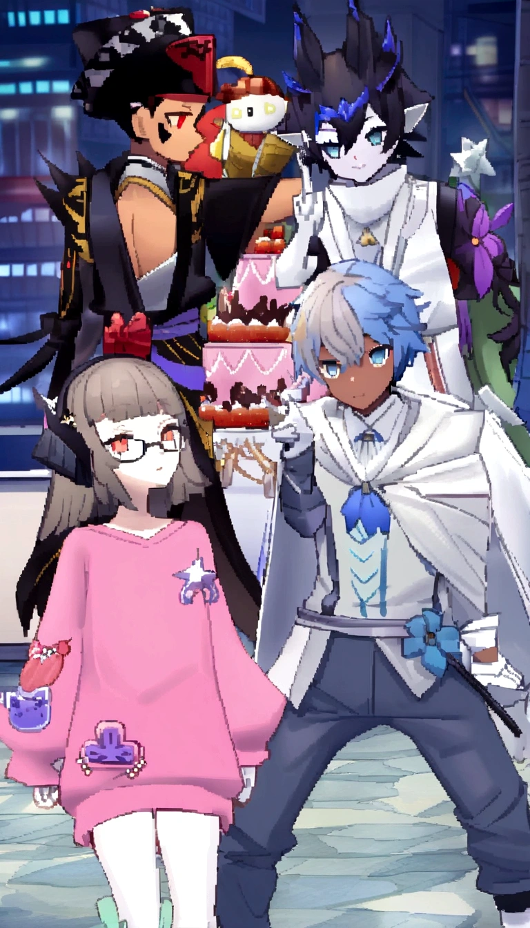 anime characters dressed in costumes and holding a cake, jrpg fashion, ((wearing aristocrat robe)), medium shot of two characters, wearing fancy clothes, lunar themed attire, 8k!, dapper dream demon, kda and sam yang, live2d virtual youtuber model, style of ssss.gridman (2018), from arknights