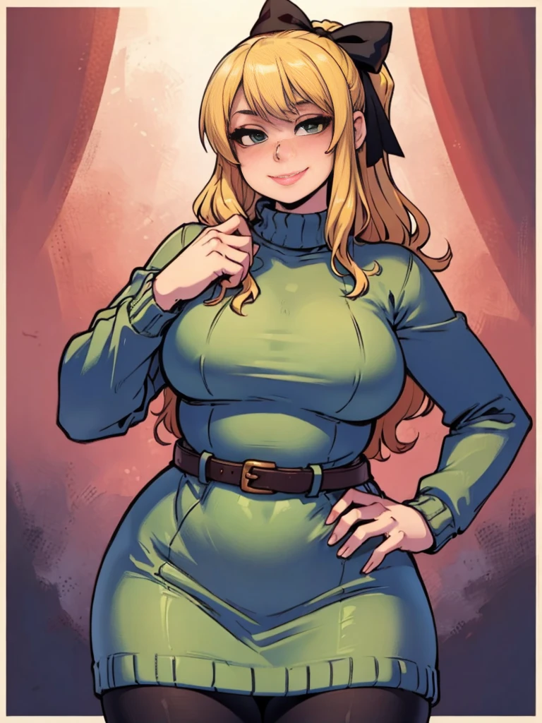 ((art by Kipteitei)), ((Masterpiece, best quality, perfect lighting, amazing shading)), (perfect anatomy, realistic proportions), field of depth, extremely beautiful, detailed face, ultra cute face, cute, long blonde hair, hair ribbons, green eyes, sweater dress, pantyhose, cute smile, (curvy), [belt], blushing, (elegant pose), beautiful sky sunset, detailed background