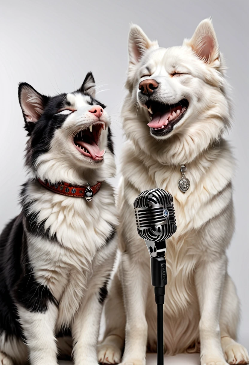 A white fluffy cat of the British breed sings a duet next to a fluffy black and white husky, they sing into the microphone together, closing their eyes in pleasure. Cat and dog are happy and cheerful, Cat and dog are singing, duet of cat and dog. Pets sing together into a microphone. amazing quality, ultra detailed, super realistic, concert, smile, singing, extremely detailed, white background, music playing, Realistic super detailed teeth, pleasure and fun. Realistic pet sizes, White cat, British cat, Husky, husky dog, husky dog singing, white cat singing, realistic details, happy pets