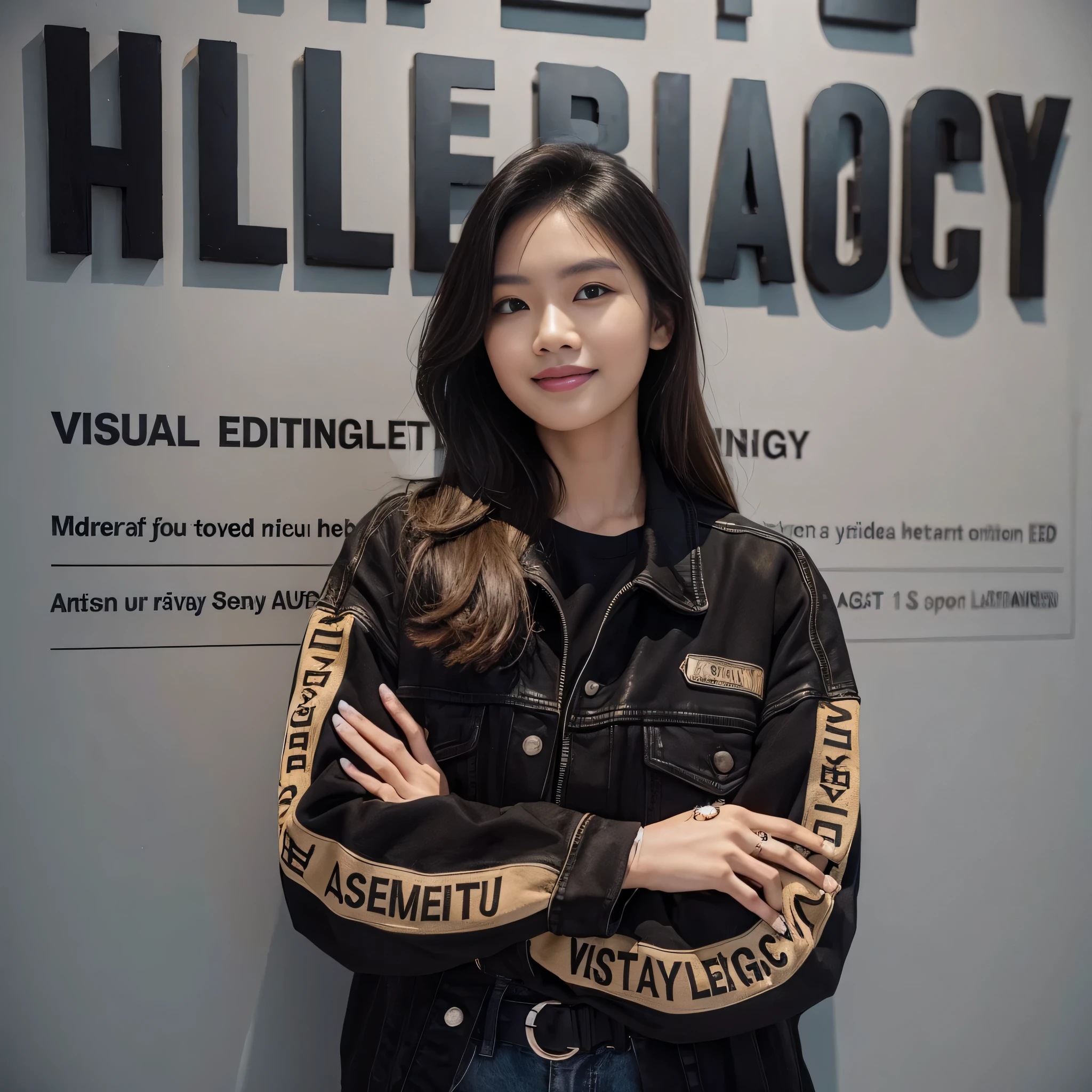 an Indonesian woman with long hair standing in front of a wall of says "VISUAL EDITING LEGACY", she is wearing black streetwear, black and beige denim jacket and pants that says "VEL", museum photoshot, her is smilling, random artist, leaked image, crossed arm, candid pose, Taken using Sony Alpha α7CR full-frame, photorealistic, UHD 1536px, high quality photo.