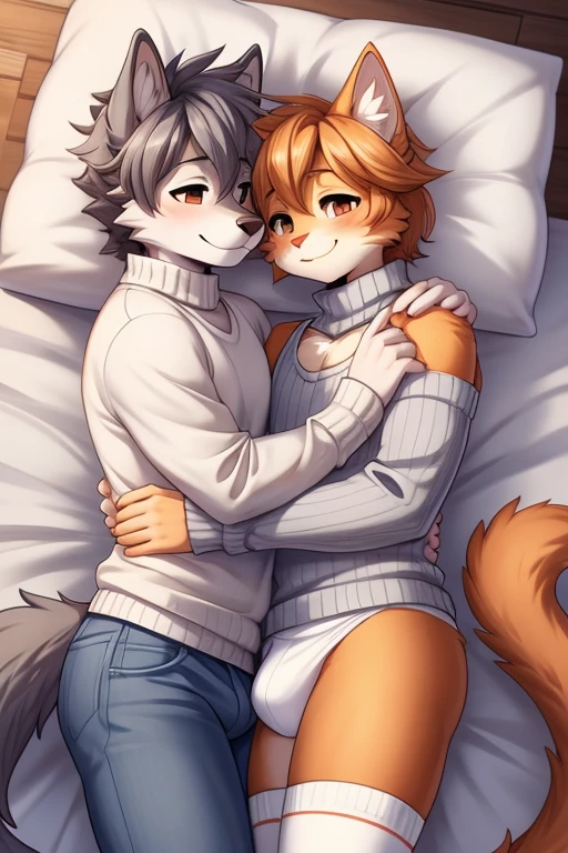 (SFW) Cute, furry, orange tabby cat boy wearing a light gray sleeveless turtleneck virgin killer sweater, white panties with a bulge and light gray thigh-high socks, best quality, no nsfw parts, cuddling witha cute, furry, gray wolf boy, who is wearing a white t-shirt and blue jeans