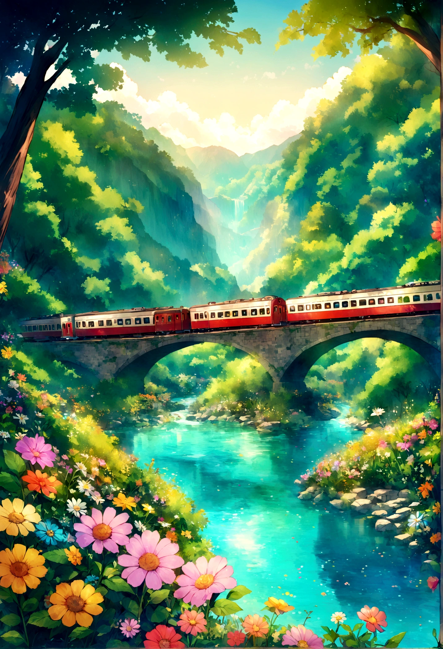 A kawaii-style drone shot of a train on a river bridge, surrounded by lush greenery and a valley of colorful flowers. Inspired by Makoto Shinkai and Studio Ghibli, the scene is vibrant and serene, with cute whimsical details, clear blue river, and a bright, sunny sky. --niji 6
