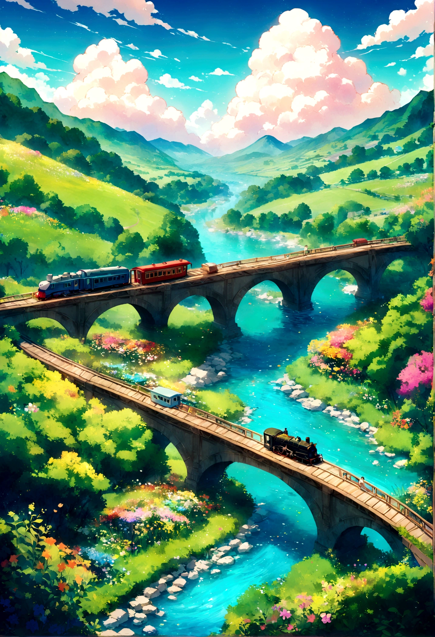 A kawaii-style drone shot of a train on a river bridge, surrounded by lush greenery and a valley of colorful flowers. Inspired by Makoto Shinkai and Studio Ghibli, the scene is vibrant and serene, with cute whimsical details, clear blue river, and a bright, sunny sky. --niji 6