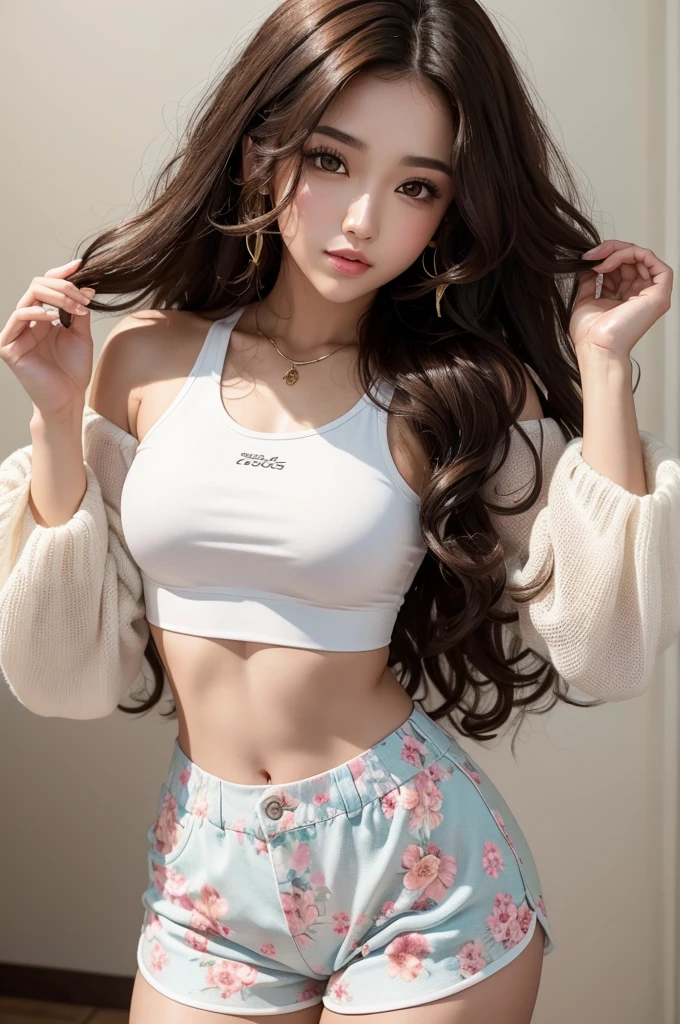 A brunette woman with curly hair at the ends and straight at the roots and black eyes wearing a white crop top and flowery shorts 