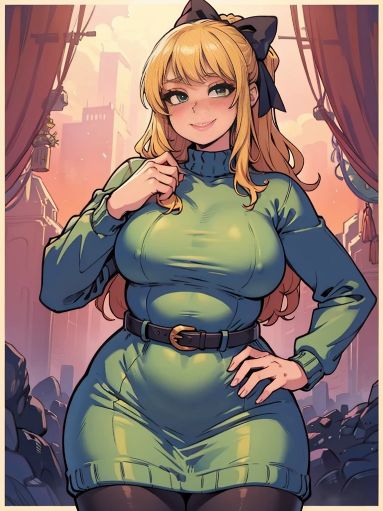 ((art by Kipteitei)), ((Masterpiece, best quality, perfect lighting, amazing shading)), (perfect anatomy, realistic proportions), field of depth, extremely beautiful, detailed face, ultra cute face, cute, long blonde hair, hair ribbons, green eyes, sweater dress, pantyhose, cute smile, (curvy), [belt], blushing, (elegant pose), beautiful sky sunset, detailed background