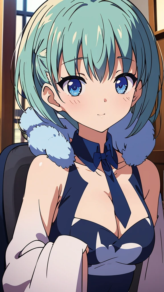 beautiful , wearing fancy clothes, short hair, blue fur, 4k resolution, Best Quality, in public place, Masterpiece, detailed eyes, high quality