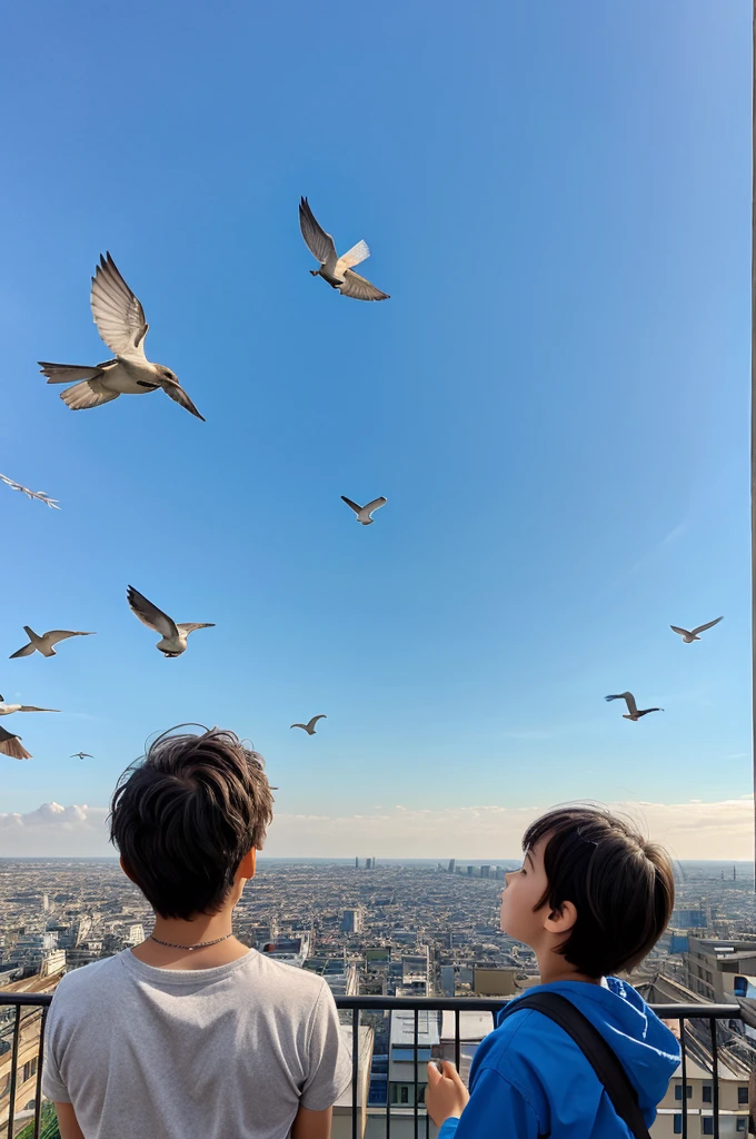 Clear sky with birds and a boy and girl seeing it