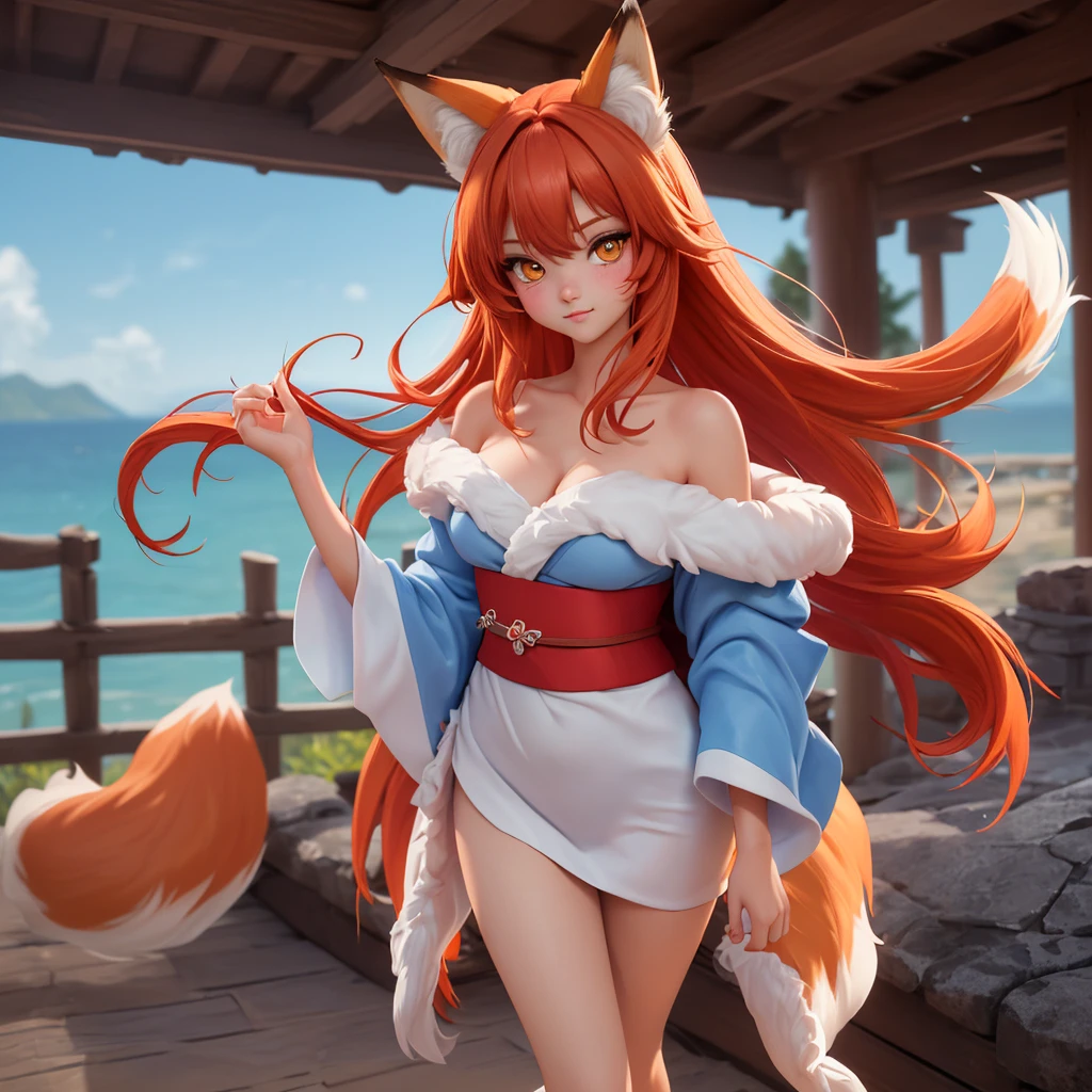 masterpiece, Best quality, A high resolution, extremely detailed, (computer illustration), (((((fluffy))))), ((1 girl in the form of an anthro-female fox girl with fox ears, red body, red fur, yellow fur, fur on the body, red hair and a fox tail)) and detailed face and sparkling detailed eyes, on open air, medieval harbor, Japan, Castle, Coast, morning, (picturesque, depth of field), small parts, authentic, NFV, cowboy shot, medium shot, (One, female focus, One focus), face focus, (she wears a short off-shoulder yukata, curtain at pelvic level and cut off sleeves.), (Looking at the viewer), blushing, confident, A slight smile, parted lips, bursting chest, split, bare legs, barefoot, vertical, standing, (spicy, Target-shading), contour, dynamic lighting, Ton \(style\), fantasy, 
