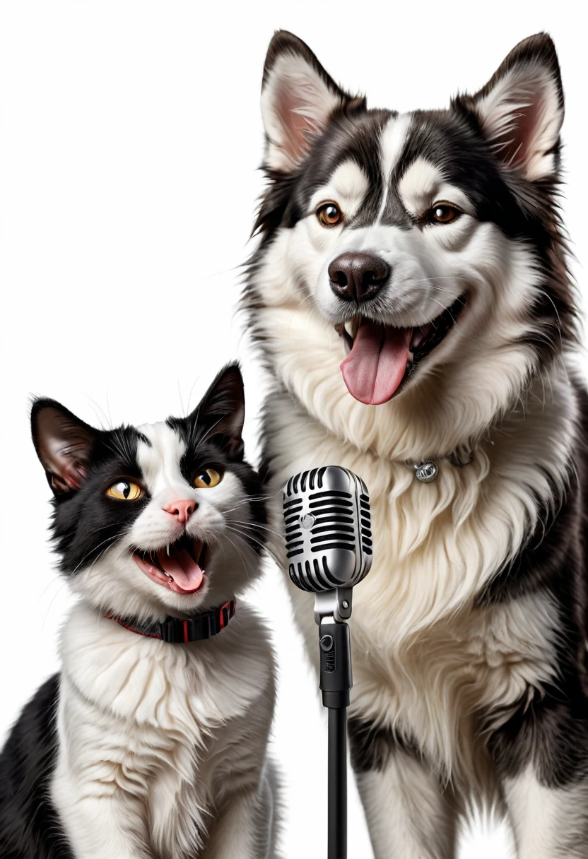 A white fluffy cat of the British breed sings a duet next to a fluffy black and white husky, they sing into the microphone together, closing their eyes in pleasure. Cat and dog are happy and cheerful, Cat and dog are singing, duet of cat and dog. Pets sing together into a microphone. amazing quality, ultra detailed, super realistic, concert, smile, singing, extremely detailed, white background, music playing, Realistic super detailed teeth, pleasure and fun. Realistic cat, realistic dog.
