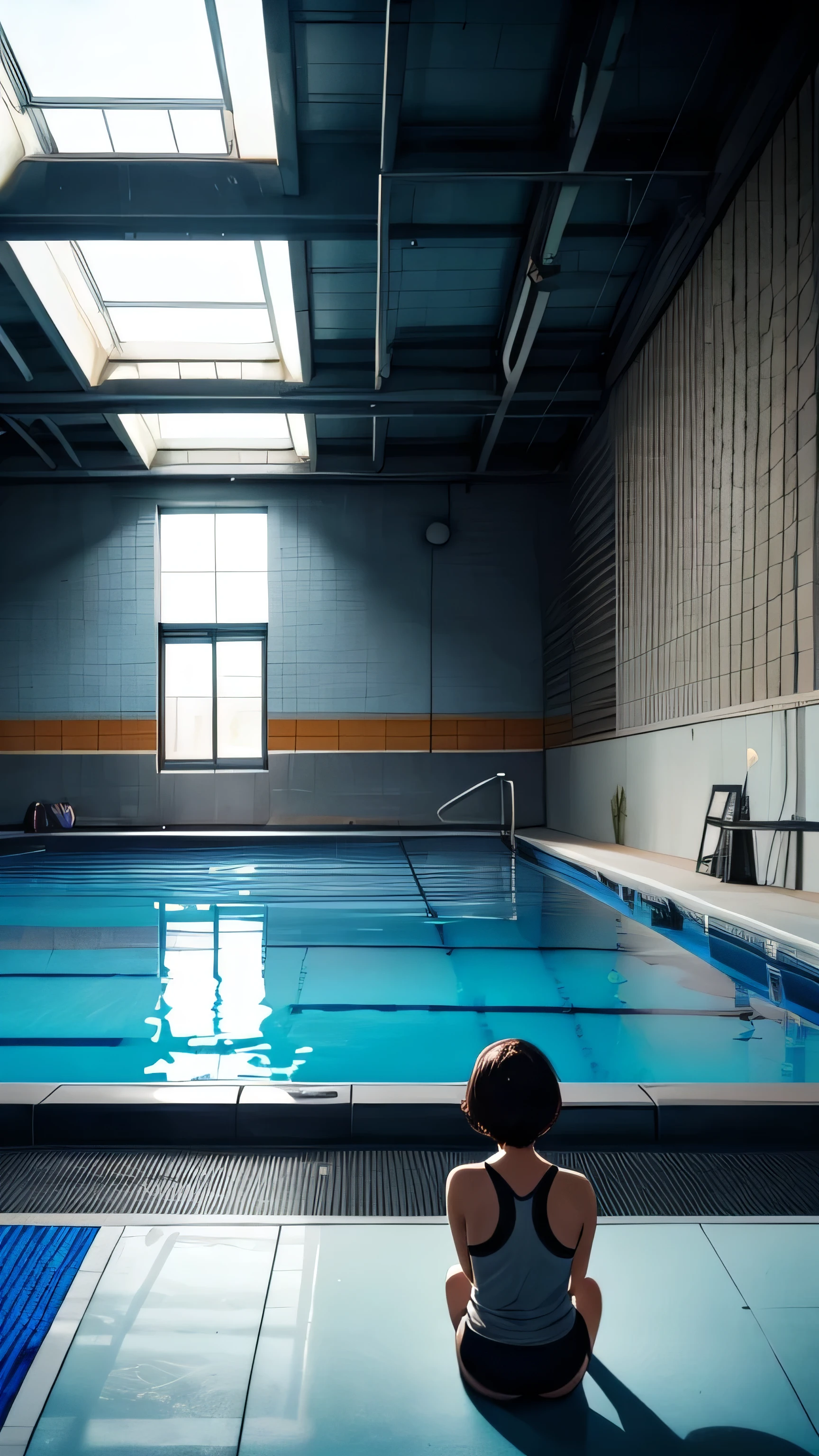 The Other Side,In the closed pool room,Out of the dark world,The pool is gone forever,space,20-year-old woman,short hair,Sitting by the pool,