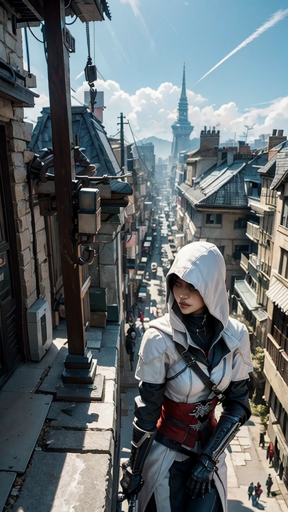 Two Cyberpunk assin's Creed Holding a sword, Climb on the rafters on the wall on the restaurant street on a modern street. Robots work everywhere. Modern weapons. Modern red suit. Electronic city. Modern weapons. White suit. Hold the blade.Metal robot arm.
Hold gun