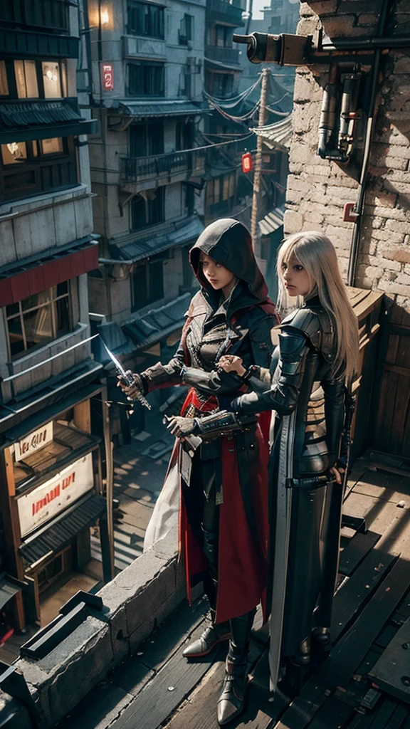 Two Cyberpunk Assassin's Creed Holding a sword, Climb on the rafters on the wall on the restaurant street on a modern street. Robots work everywhere. Modern weapons. Modern red suit. Electronic city. Modern weapons. White suit. Hold the blade.Metal robot arm.
Hold gun.