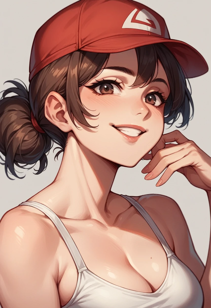 beautiful brunette woman with red cap smiling.