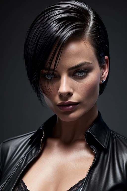 Gorgeous european woman with very short hair, short hair with fringe, wet hair, hair slicked back, combed straight back, slick hair, streaked black hair, seductive pose, margot robbie, torn ragged clothes, cleavage, solid dark grey background