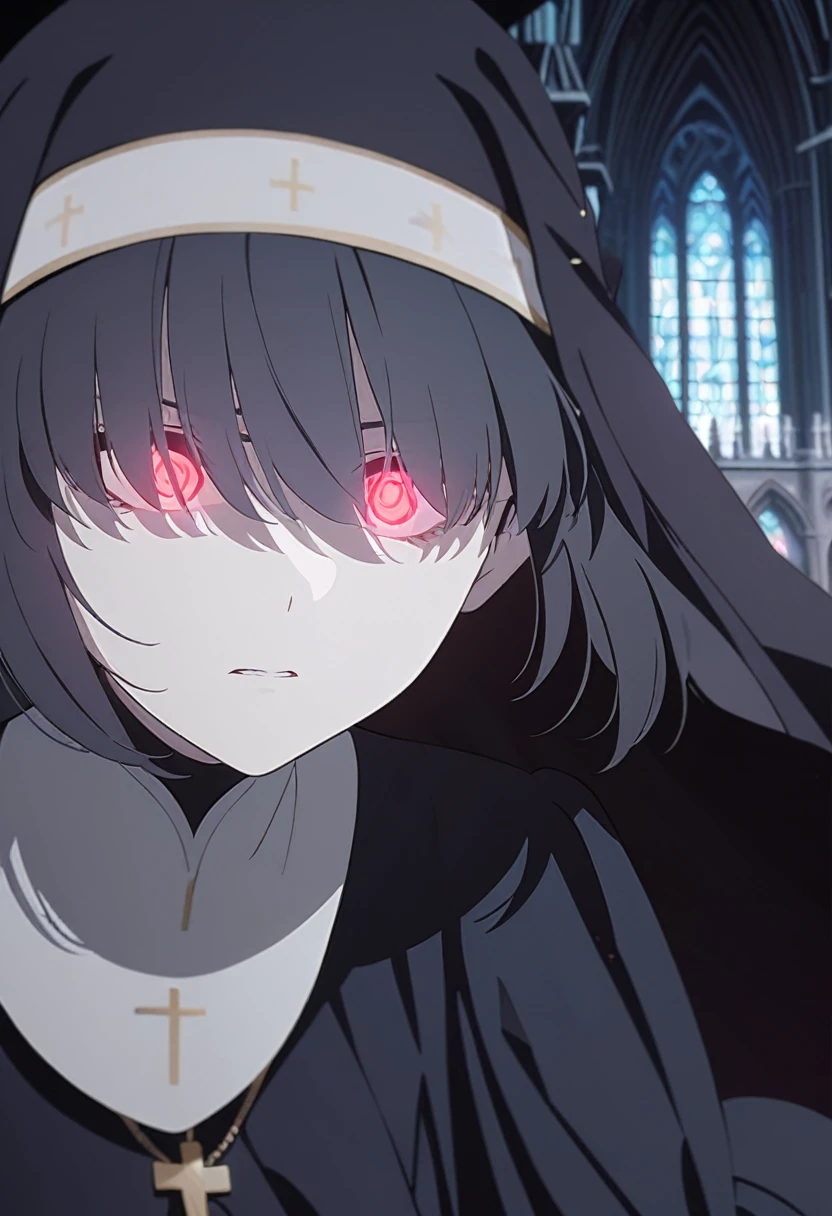 1girl, nun, cross, cross necklacke, jewelry, black hair, turquoise bangs, very short hair, hair over eyes, pale skin, (yellow eyes), (glowing eyes), black dress, church, serious, staring, onryo, horror scene, (masterpiece), best quality, anime style