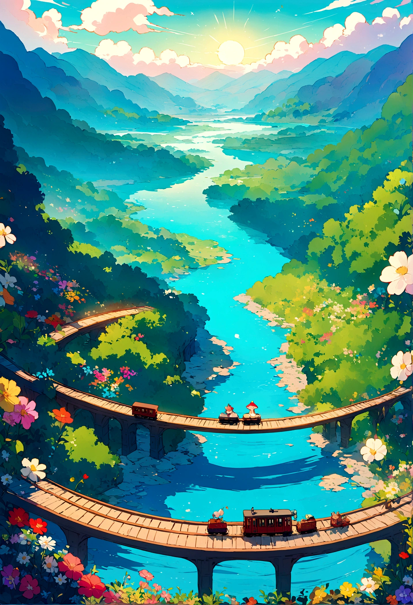 A kawaii-style drone shot of a train on a river bridge, surrounded by lush greenery and a valley of colorful flowers. Inspired by Makoto Shinkai and Studio Ghibli, the scene is vibrant and serene, with cute whimsical details, clear blue river, and a bright, sunny sky.
