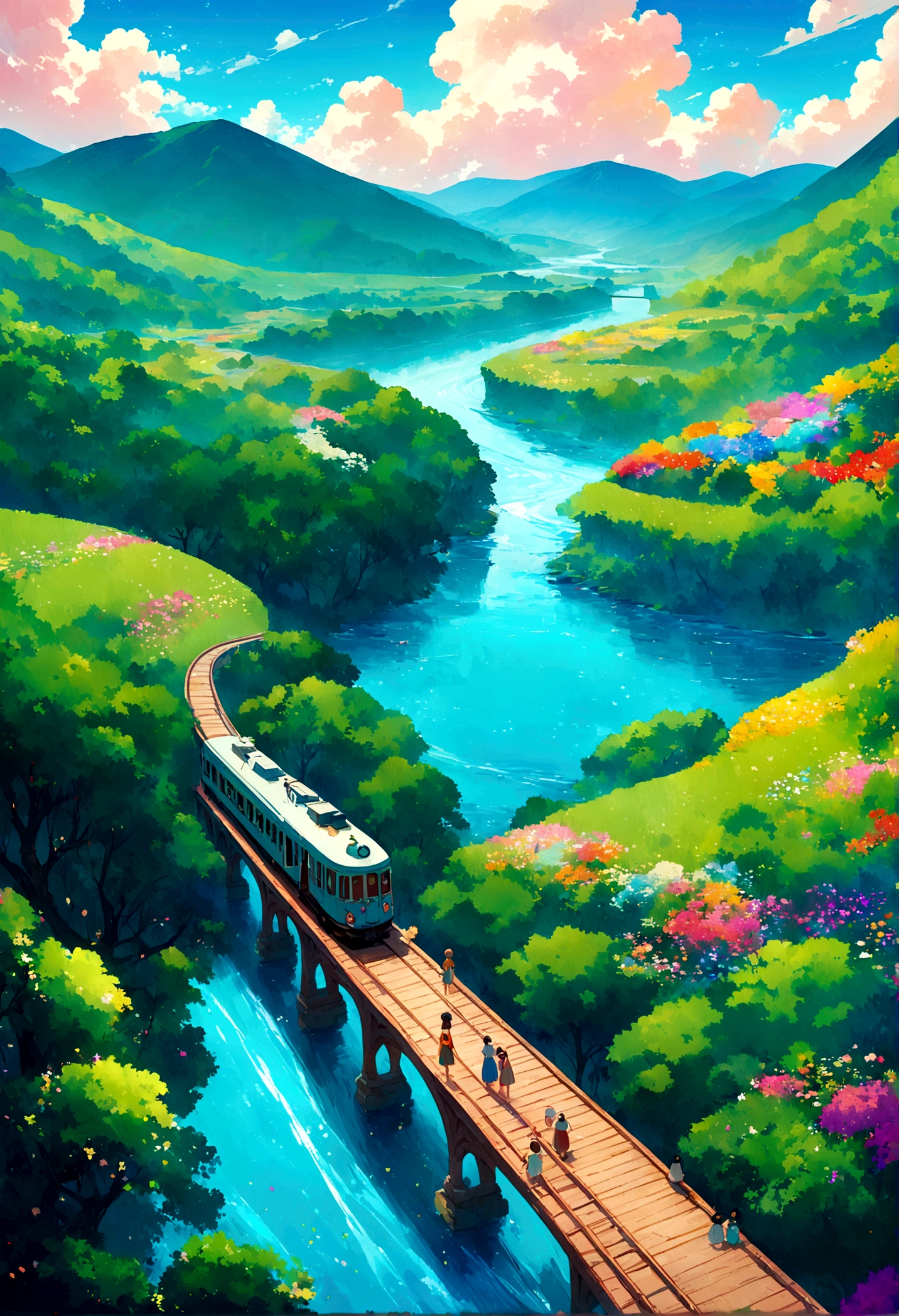 A kawaii-style drone shot of a train on a river bridge, surrounded by lush greenery and a valley of colorful flowers. Inspired by Makoto Shinkai and Studio Ghibli, the scene is vibrant and serene, with cute whimsical details, clear blue river, and a bright, sunny sky.