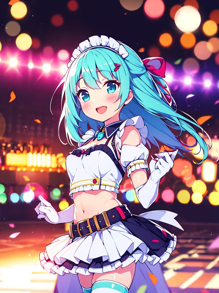 MLTD bg style, (best quality, 8K, masterpiece, HDR, ultra detailed:1.2), cinematic angle, (light particles, sparkle), lens flare, depth of field, bokeh,
1girl, white gloves, open mouth, microphone, short puffy sleeves, glowstick, smile, petals, maid headdress, frills, blush, solo, stage, white thighhighs, belt, hair bow, hair ribbon, medium breasts, idol, upper teeth only, looking away, aqua bow, frilled skirt, hair ornament, frilled dress, audience, solo focus, concert, zettai ryouiki, spotlight, stage lights, shiny hair, looking afar, buckle, belt buckle, elbow gloves, wing collar, jewelry, petticoat, navel, NSFW